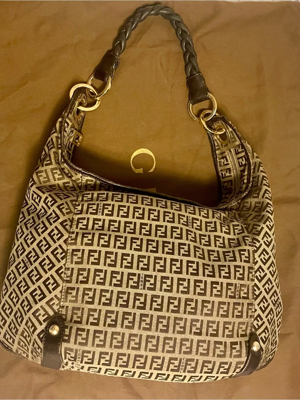Fendi Brown Monogram Hobo with Braided leather Handle and Gold Hardware
